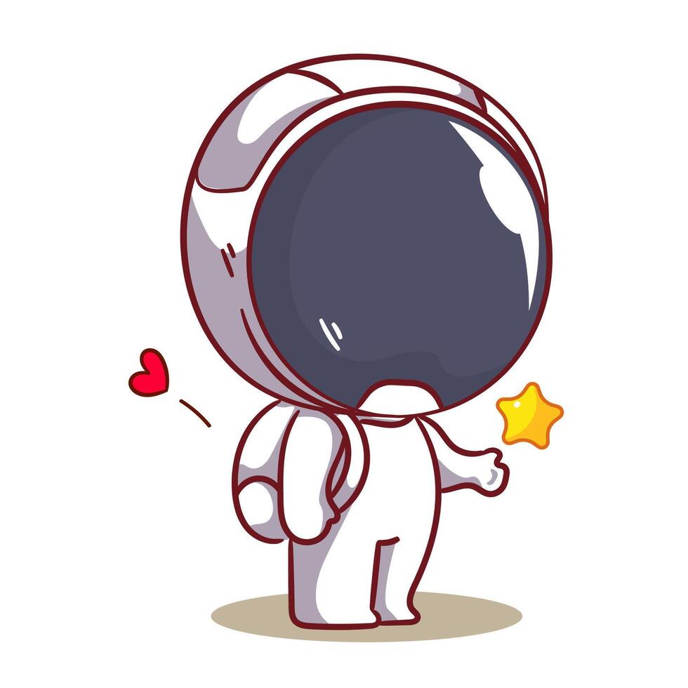 Cute astronaut standing with a star cartoon character. Space and science concept design. Hand drawn flat adorable chibi illustration. Icon logo mascot isolated background. vector
