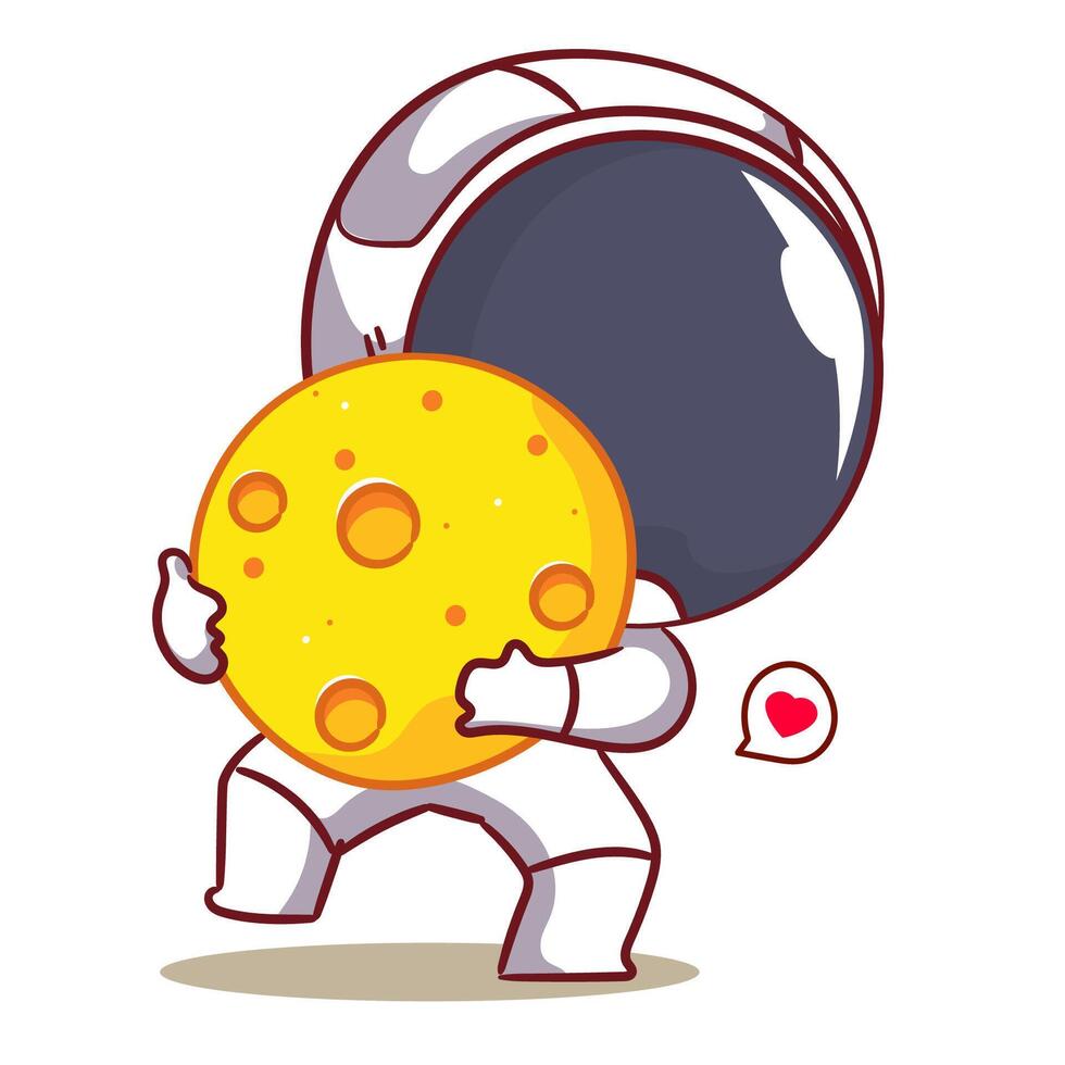 Cute astronaut lifting the moon cartoon character. Space and science concept design. Hand drawn flat adorable chibi illustration. Icon logo mascot isolated background. vector