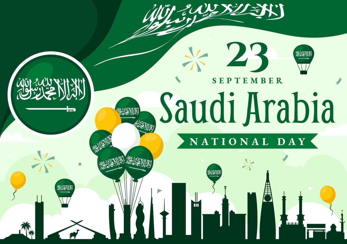 National Day of Saudi Arabia on 23rd September with Kingdom of Saudi Arabia Flag and Cityscape in Flat Background Illustration vector