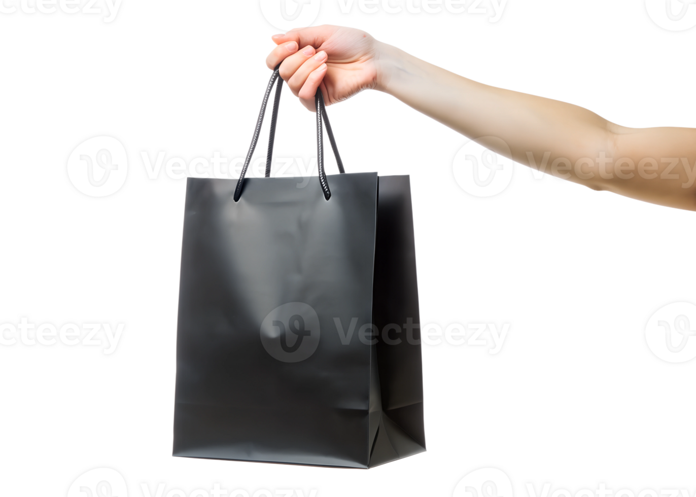 Hand holding black shopping bag, isolated on transparent background png
