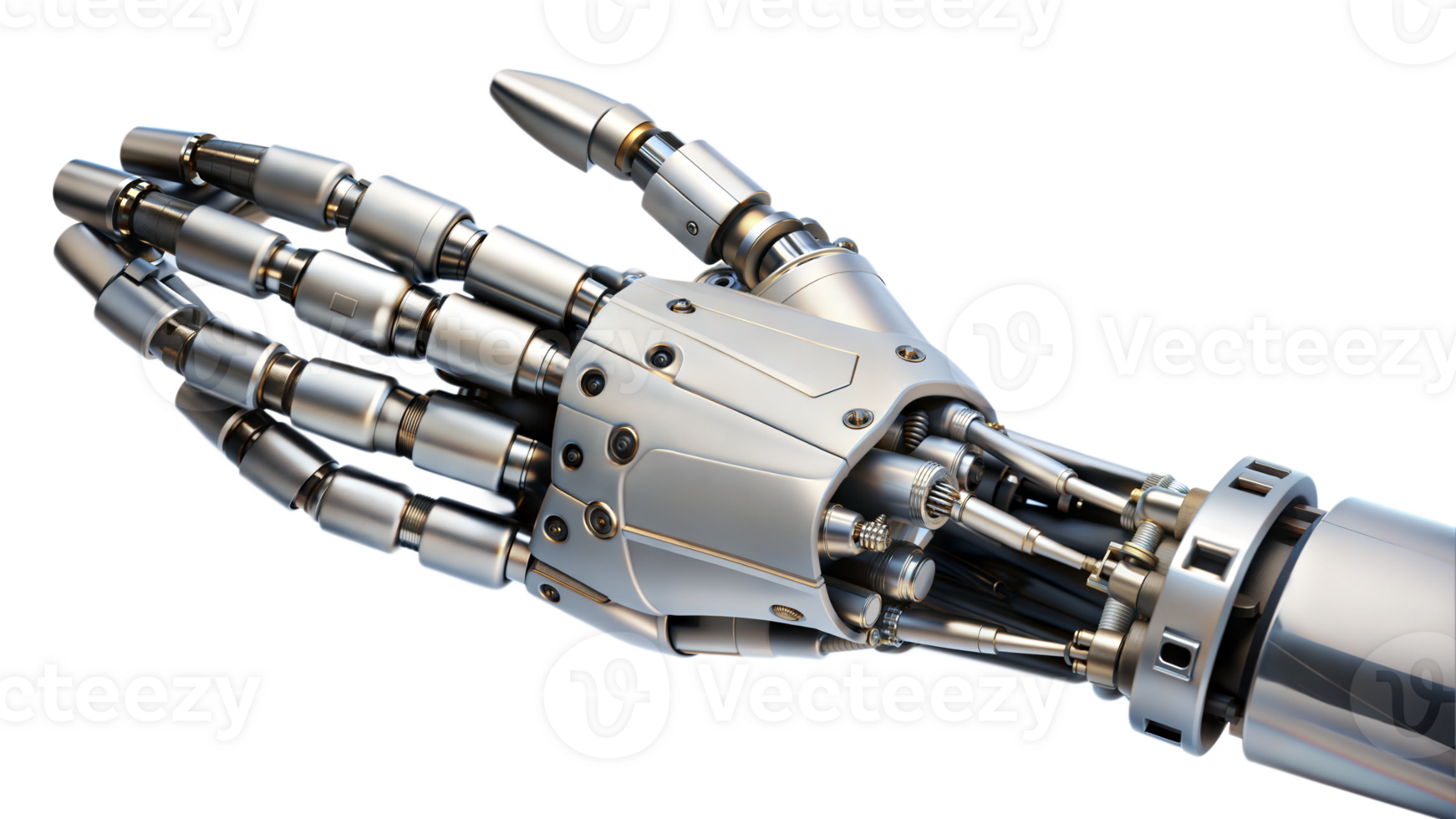 Advanced robotic hand with metallic fingers, cut out transparent png