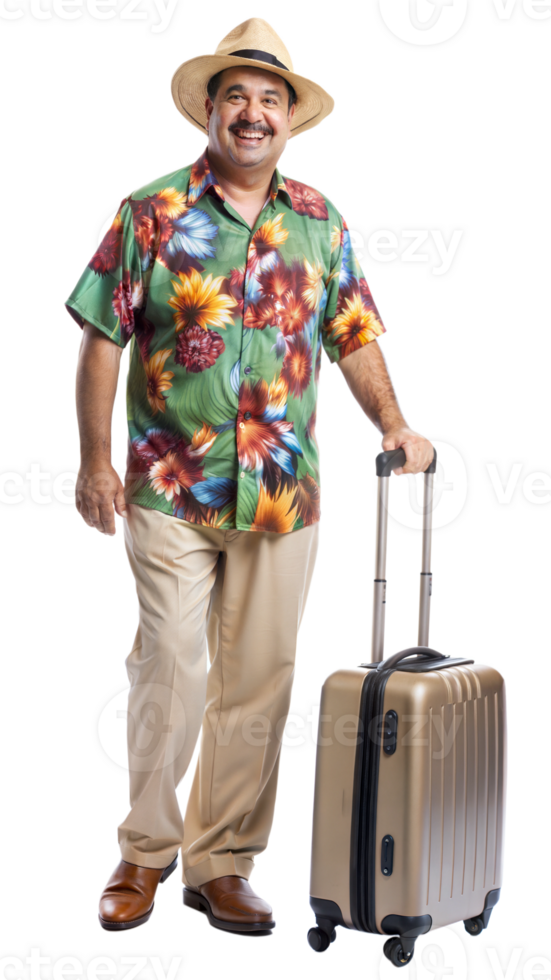 Happy man in Hawaiian shirt with suitcase, isolated on transparent background png