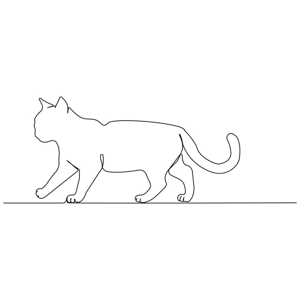 Simple hand-drawn line art drawing of cat. Walking cat outline isolated on white background. vector