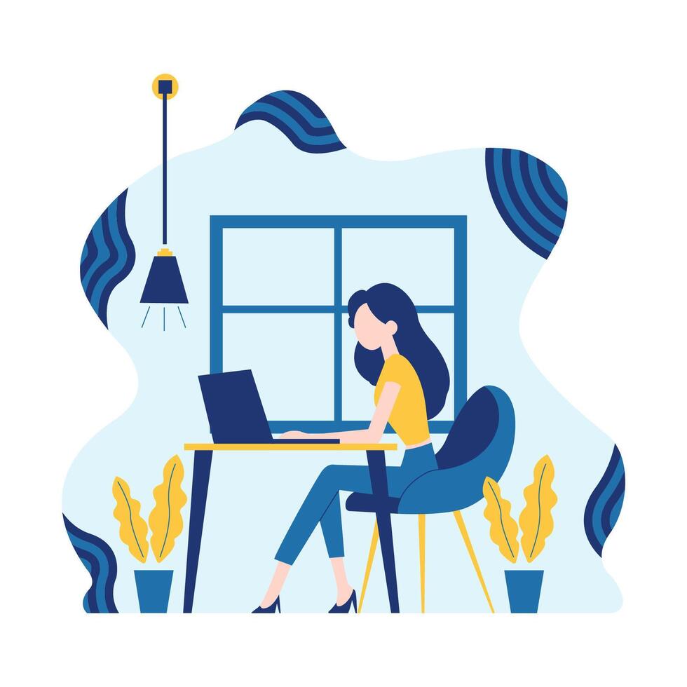 Flat Design Illustration of Woman Employee Working Using Laptop at Office with Fluid Background vector