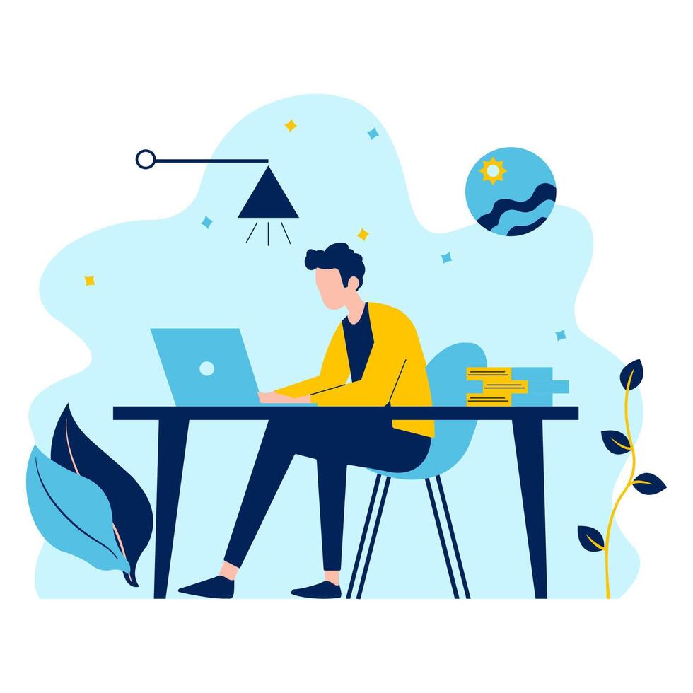 Flat Design Illustration of Man Entrepreneur Working with Laptop at Office vector