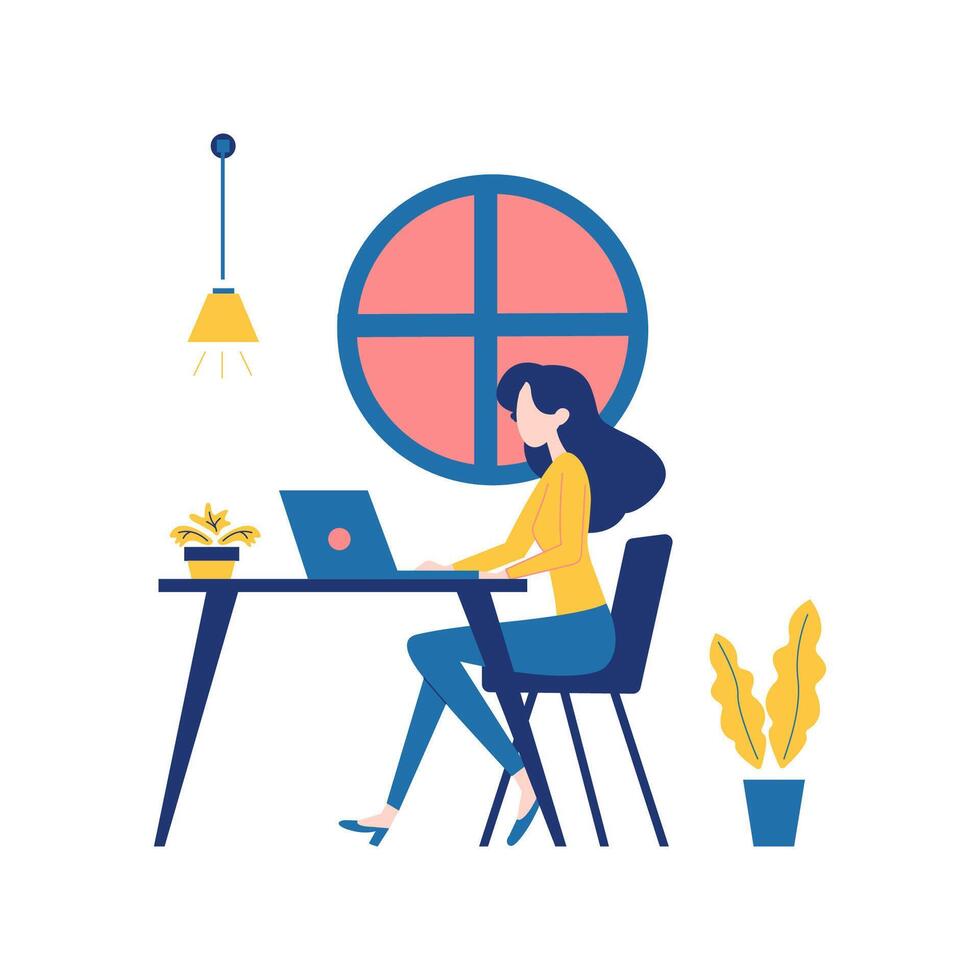 Flat Design Illustration of Woman Employee Freelancer Working with Laptop at Office vector