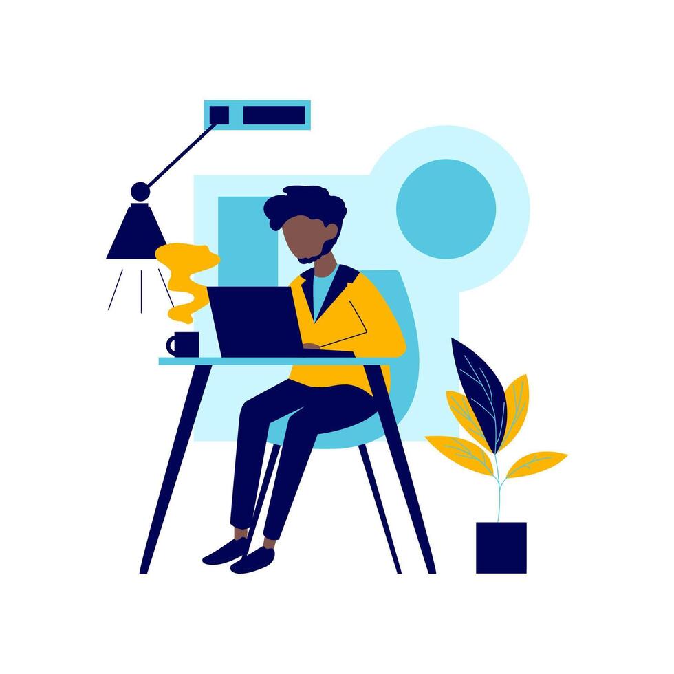 Flat Design Illustration of Black Man Employee Working with Laptop at Office vector
