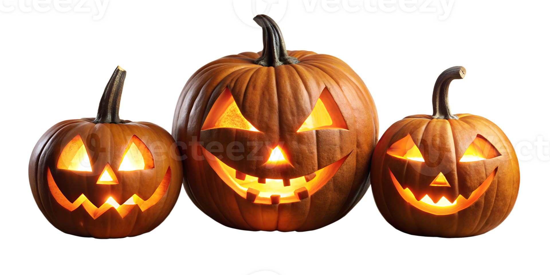 Group of jack-o'-lanterns with different expressions, cut out transparent png