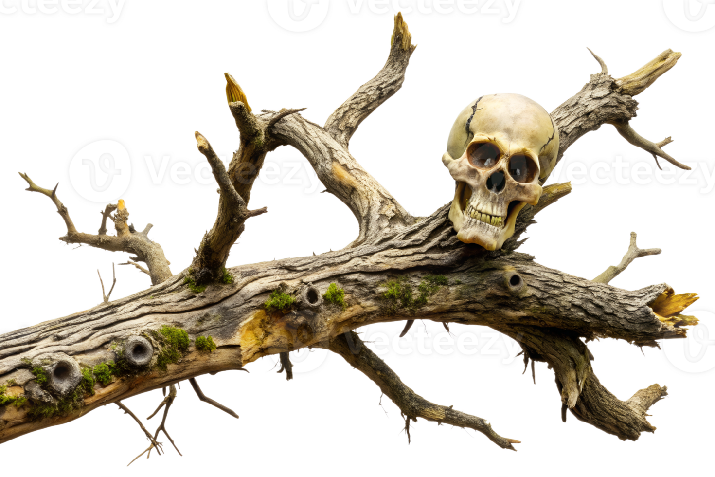 Creepy tree branch with skull, cut out transparent png