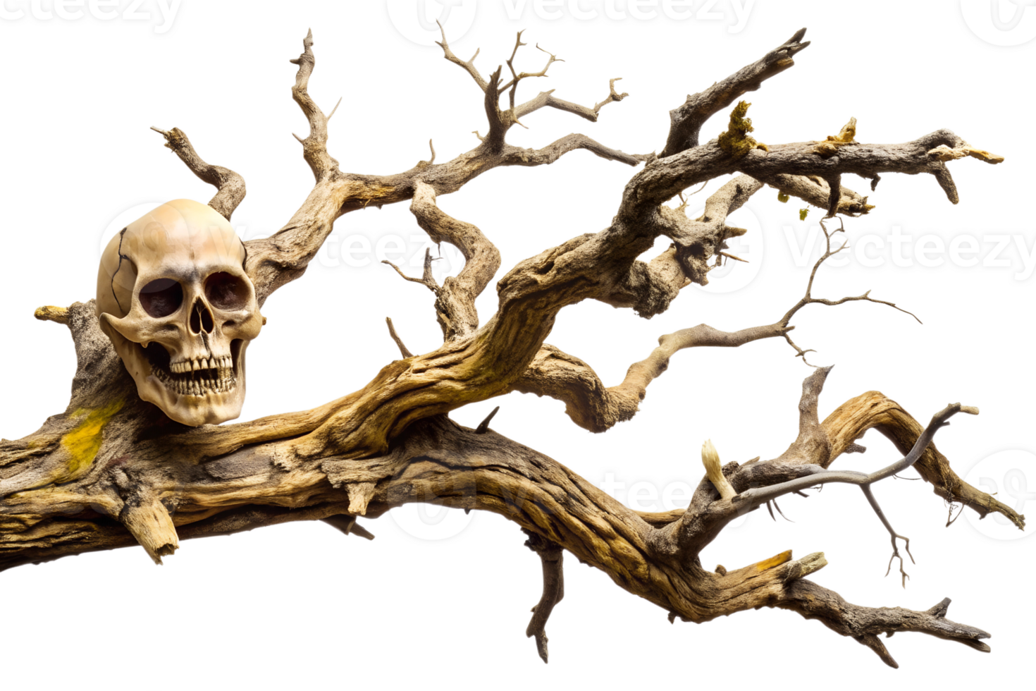 Tree branch with skull decoration, cut out transparent png