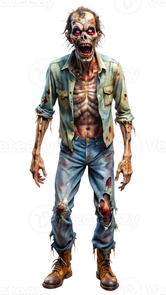 Aggressive zombie with open mouth, cut out transparent png