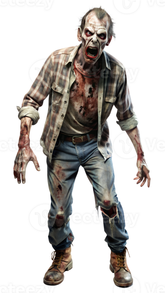 Decaying zombie with torn clothes, cut out transparent png