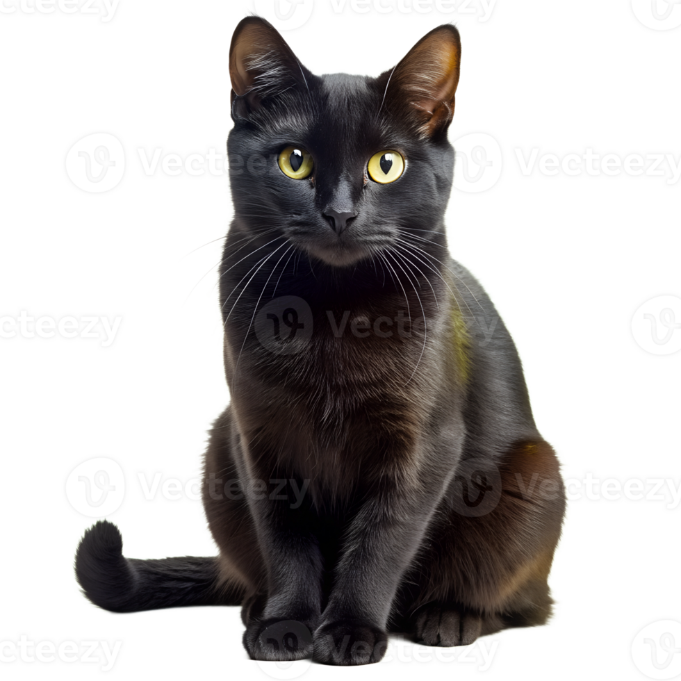 Black cat sitting with bright yellow eyes isolated on transparent background png