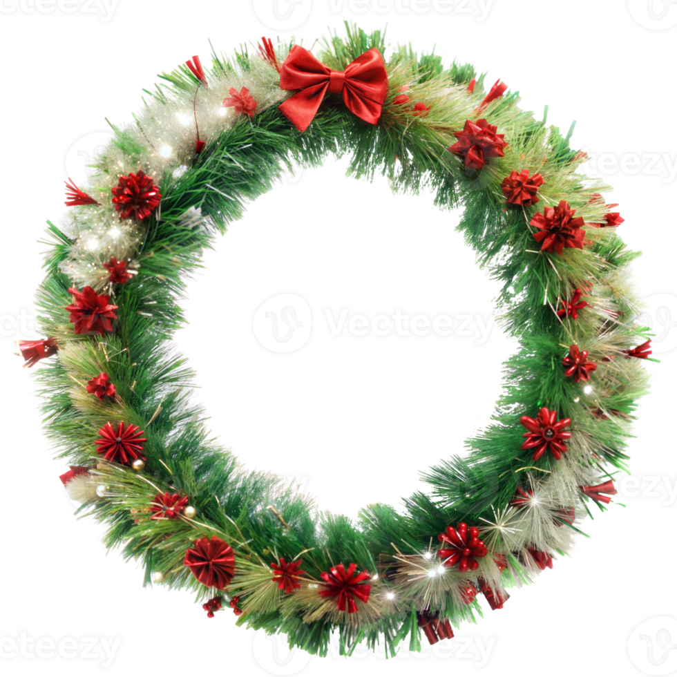 Green Christmas wreath with red decorations, cut out transparent png