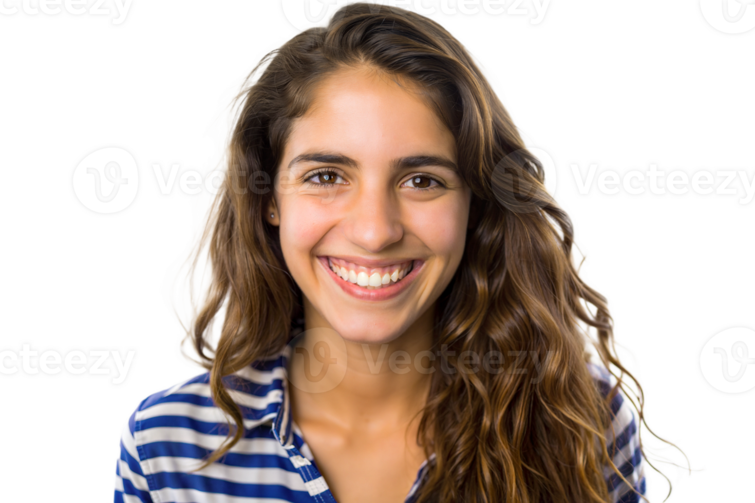 Smiling young woman in striped shirt, cut out transparent png