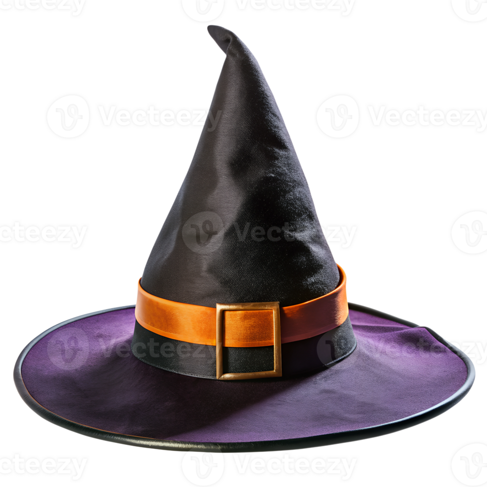 Black and purple witch hat with orange buckle, cut out transparent png