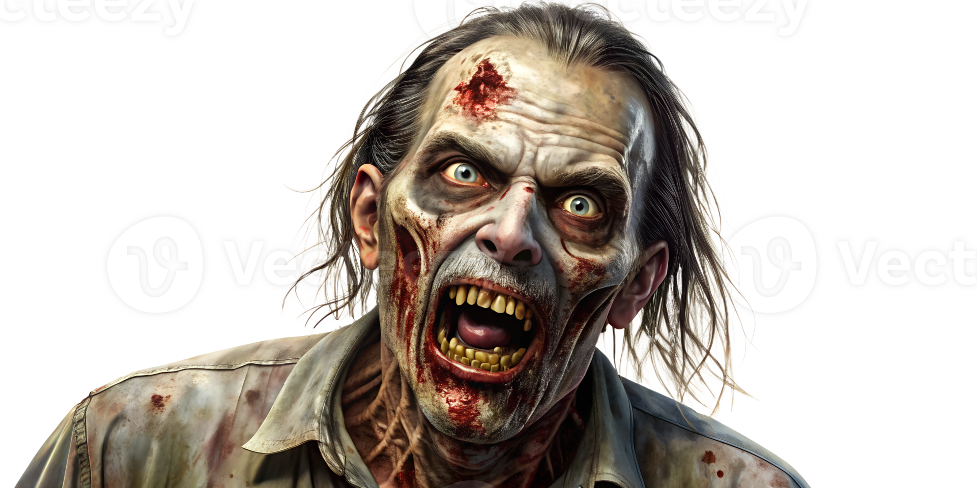 Terrifying zombie face with blood and wounds, cut out transparent png