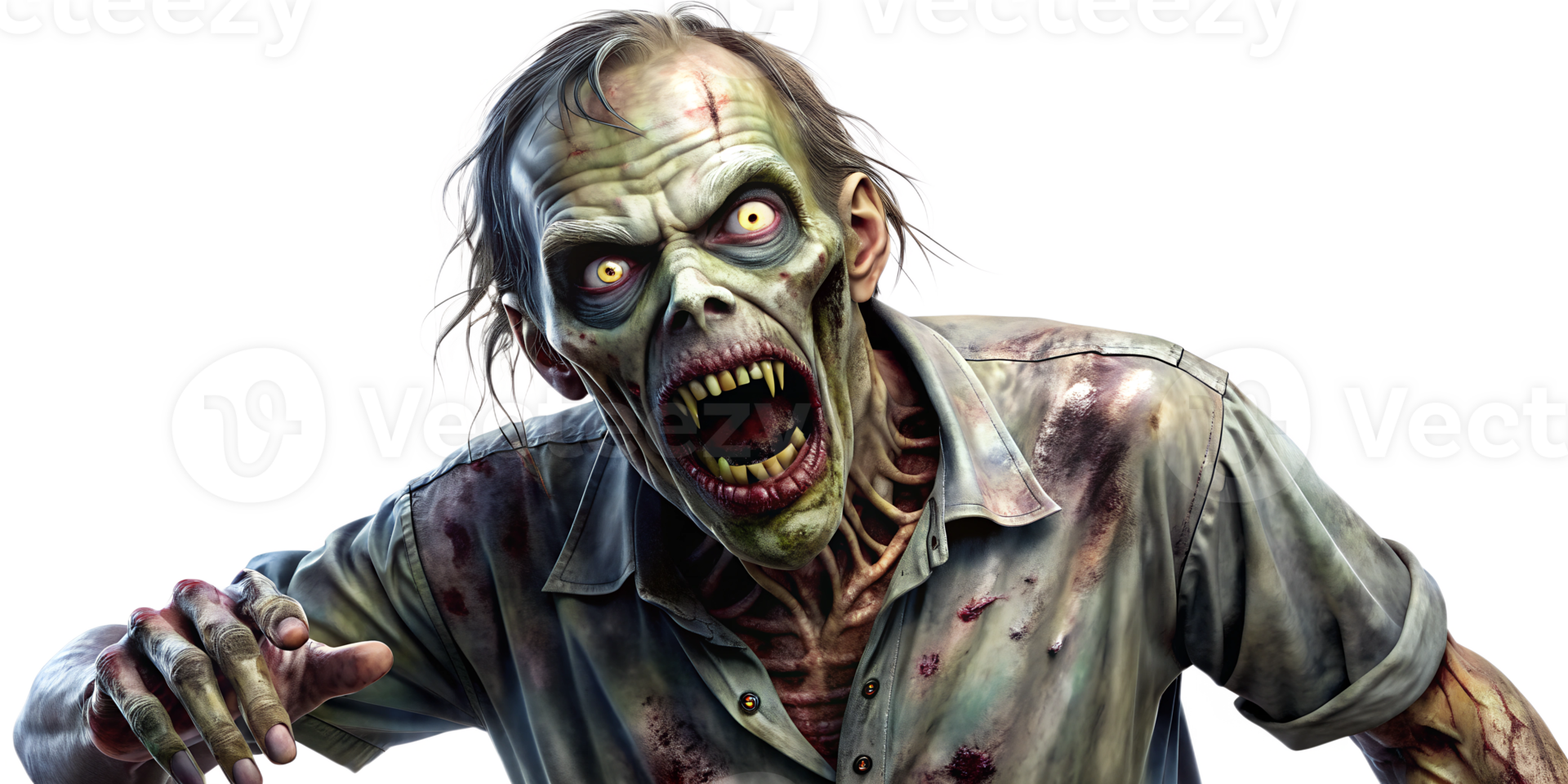 Horrifying zombie reaching out, cut out transparent png