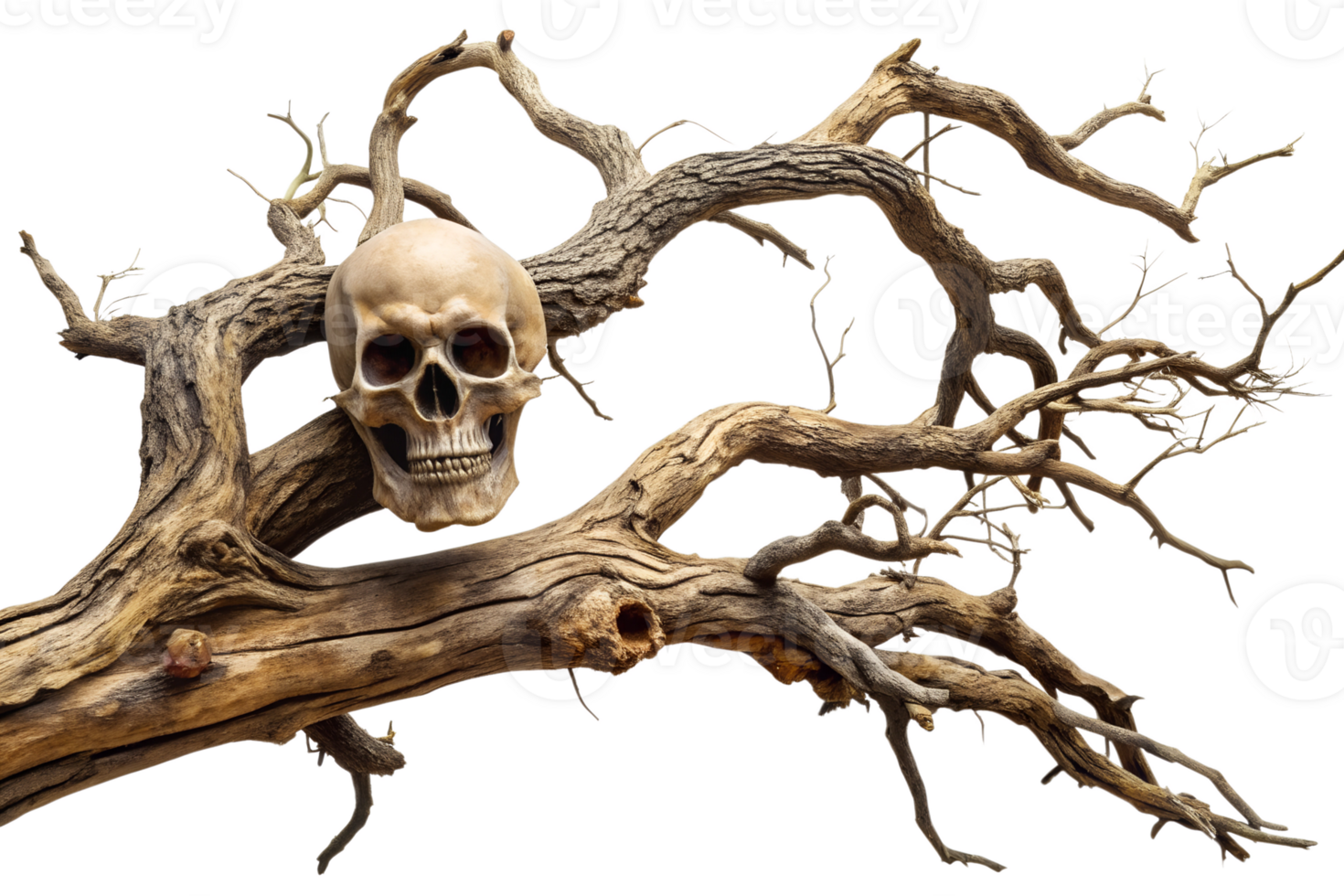Skull on twisted dead tree branch, cut out transparent png