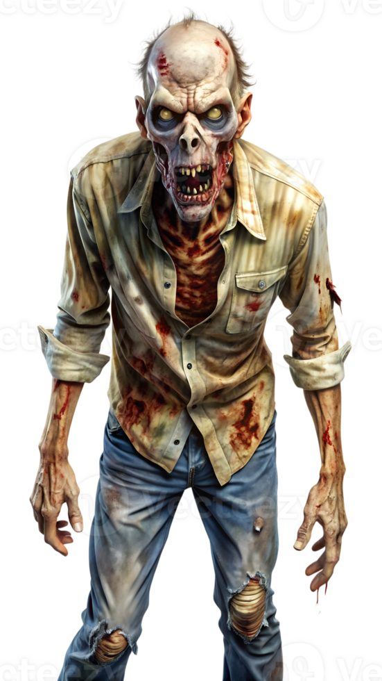 Skeletal zombie with visible ribs, cut out transparent png
