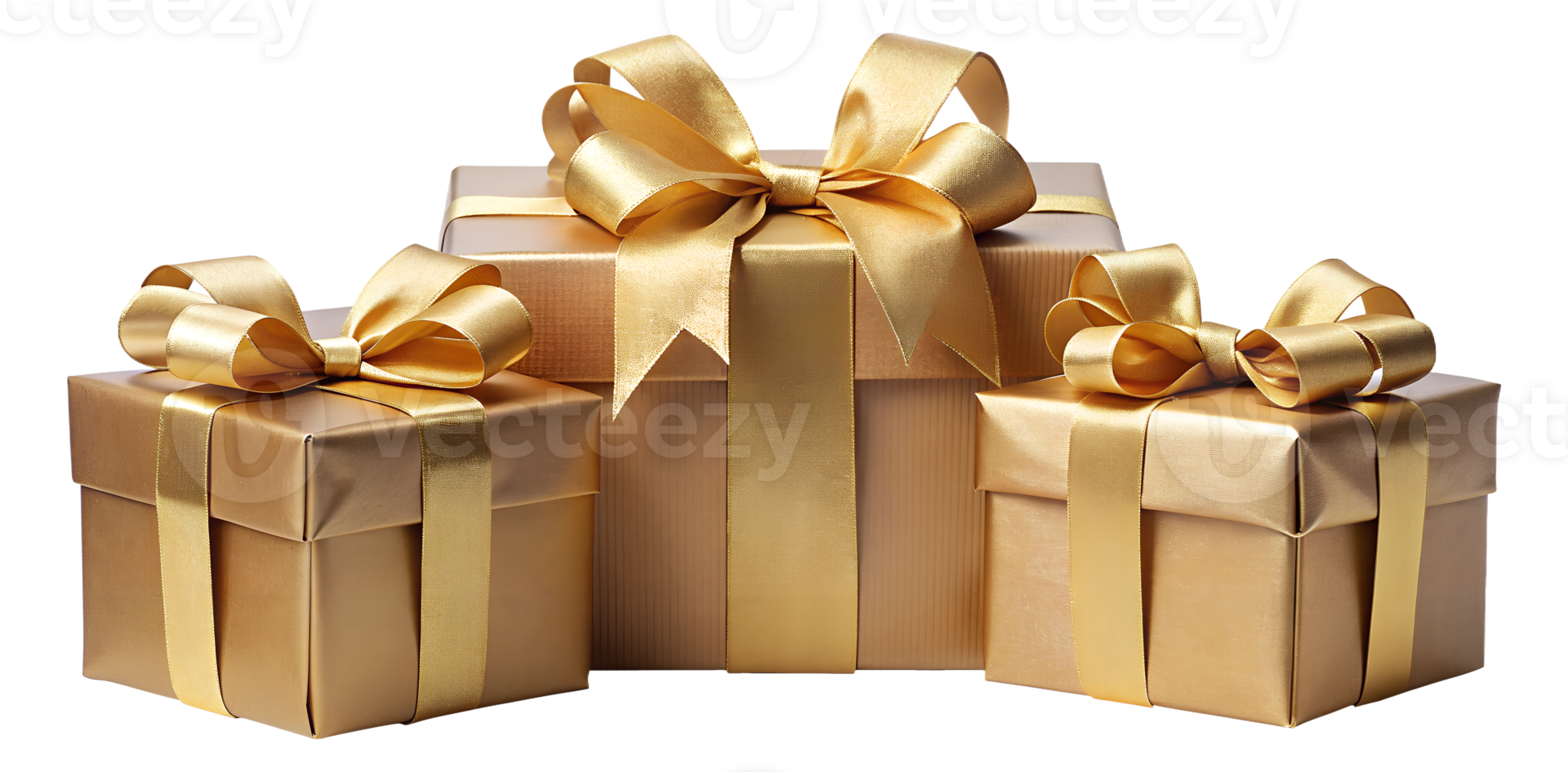 Three gold gift boxes with ribbons, cut out transparent png