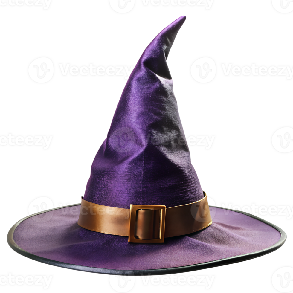 Elegant purple witch hat with bronze buckle, cut out transparent png