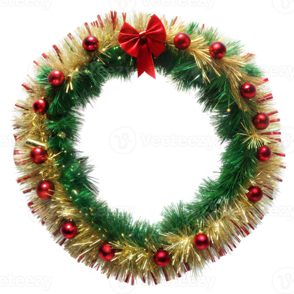 Festive Christmas Wreath with Red and Gold Decorations, isolated transparent background png