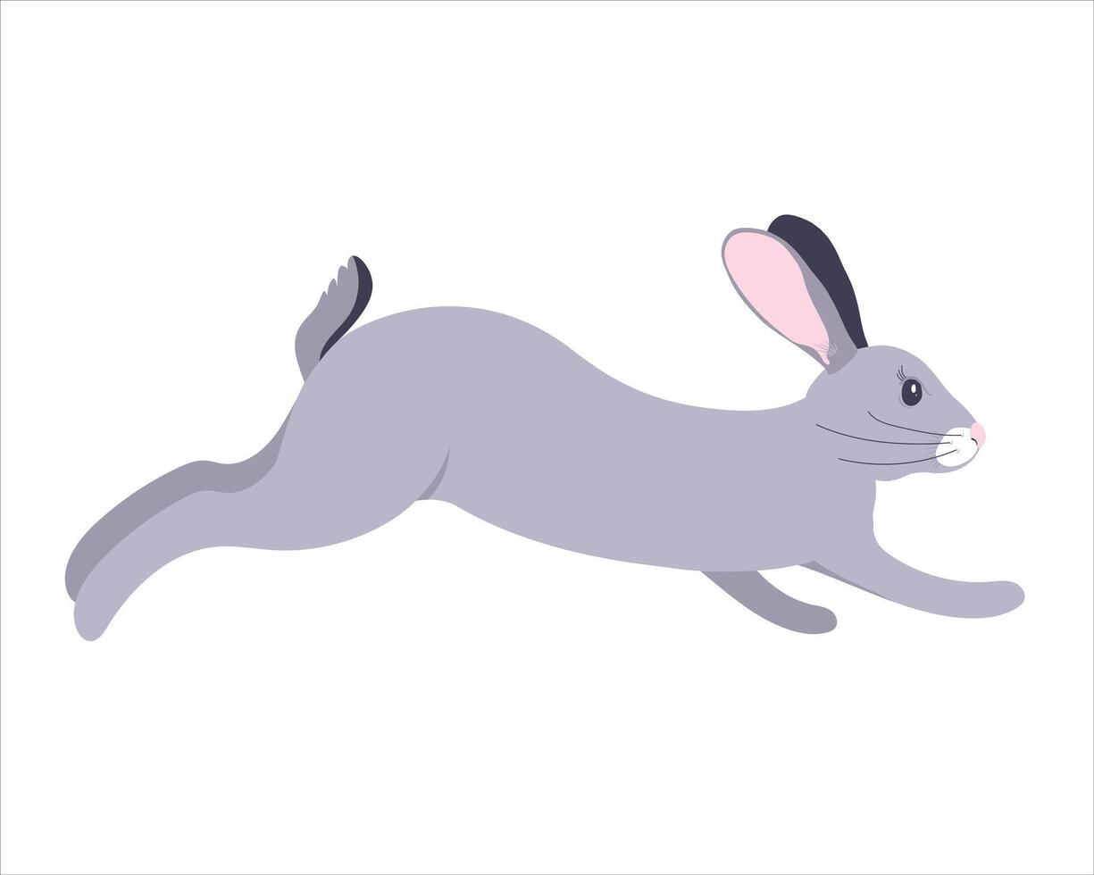 graphics of a gray rabbit. The furry animal jumps, runs. Easter bunny on a white background. vector