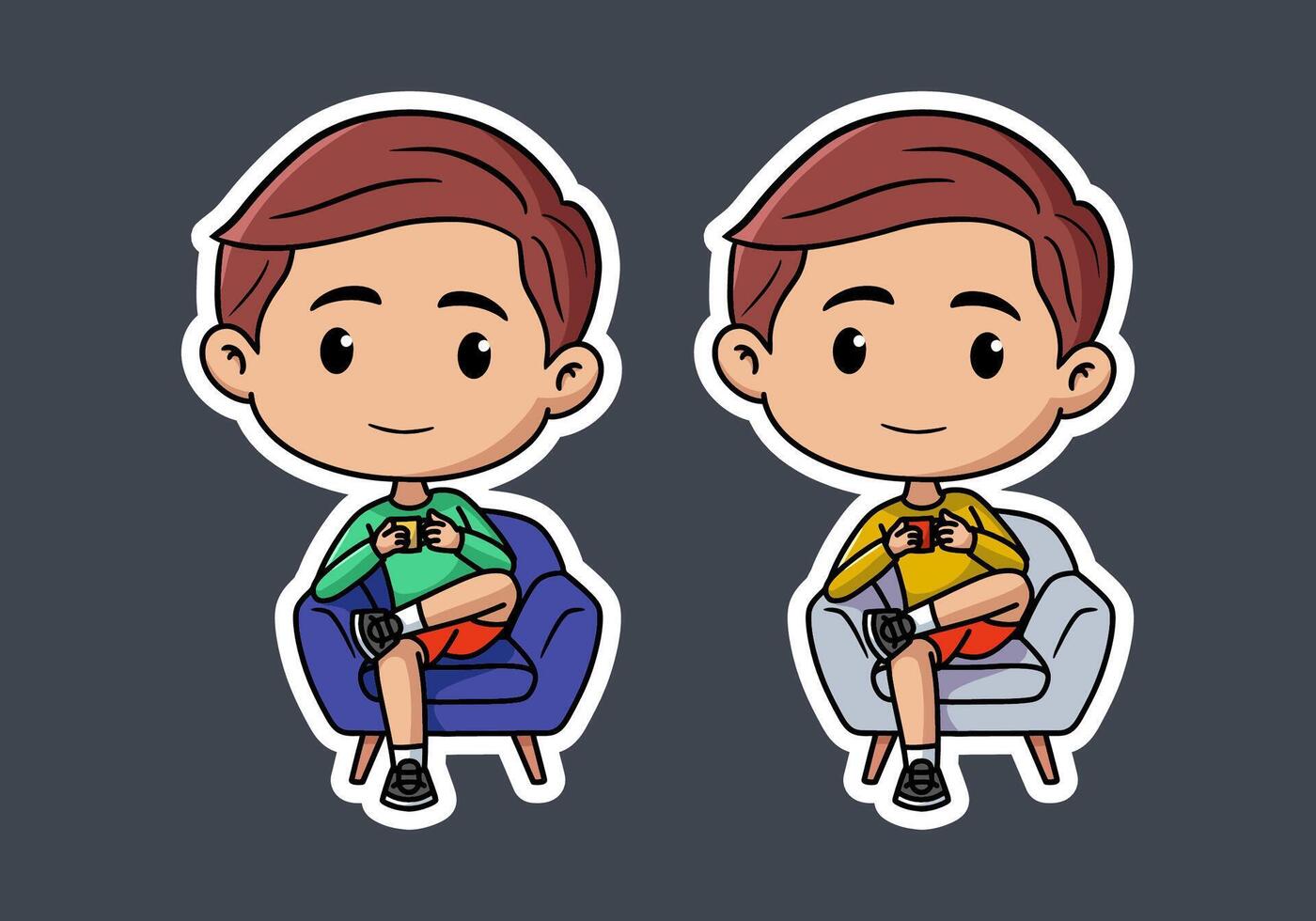 Cute boy character sitting on the sofa and drinking coffee design vector