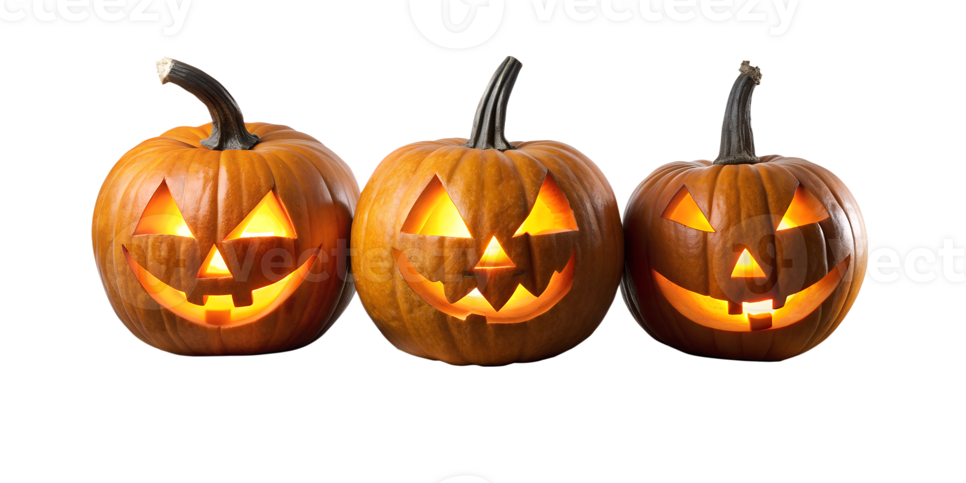 Three lit jack-o-lanterns with different expressions, cut out transparent png
