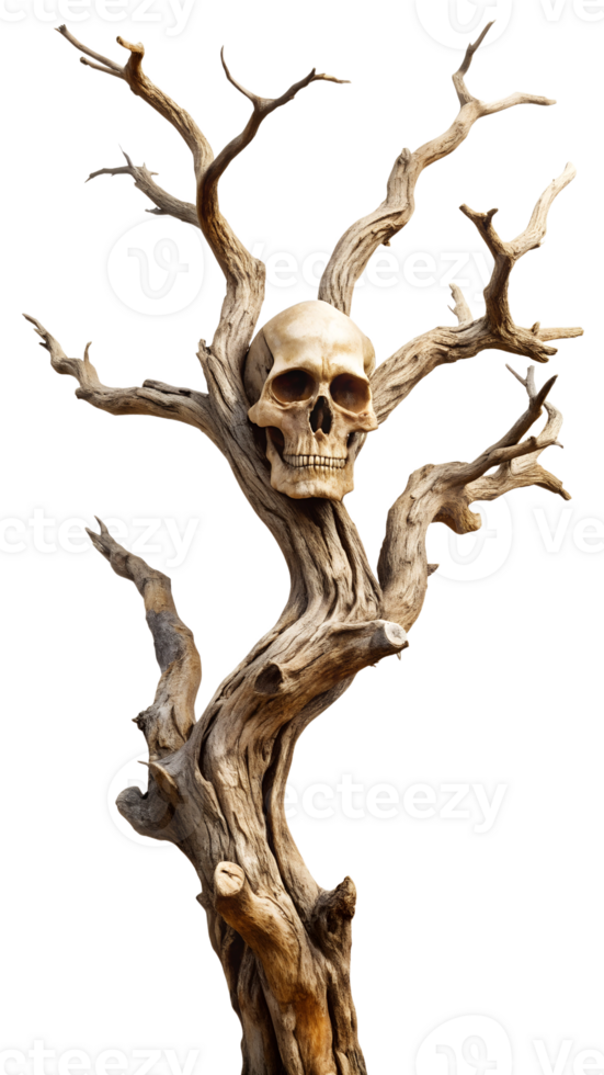 Twisted skeletal tree branch with skull, cut out transparent png