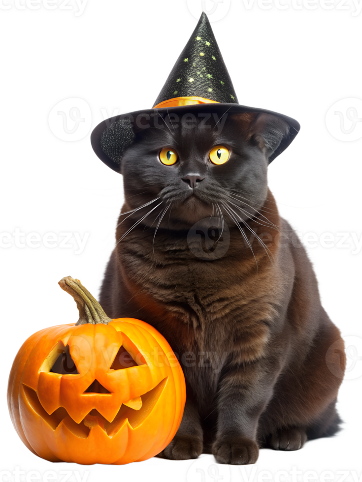 Black cat with witch hat and jack-o-lantern for Halloween png