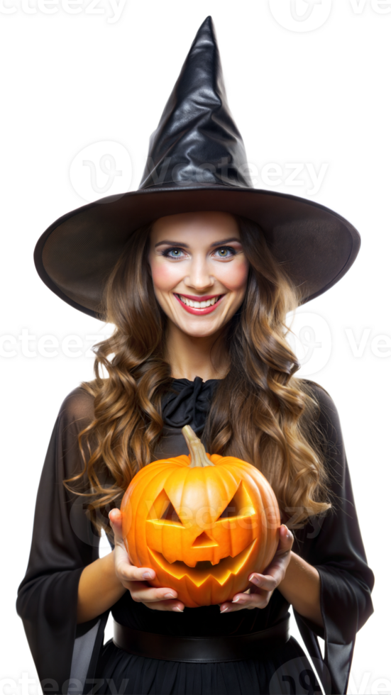 Happy Witch Holding Carved Halloween Pumpkin Jack-O-Lantern png