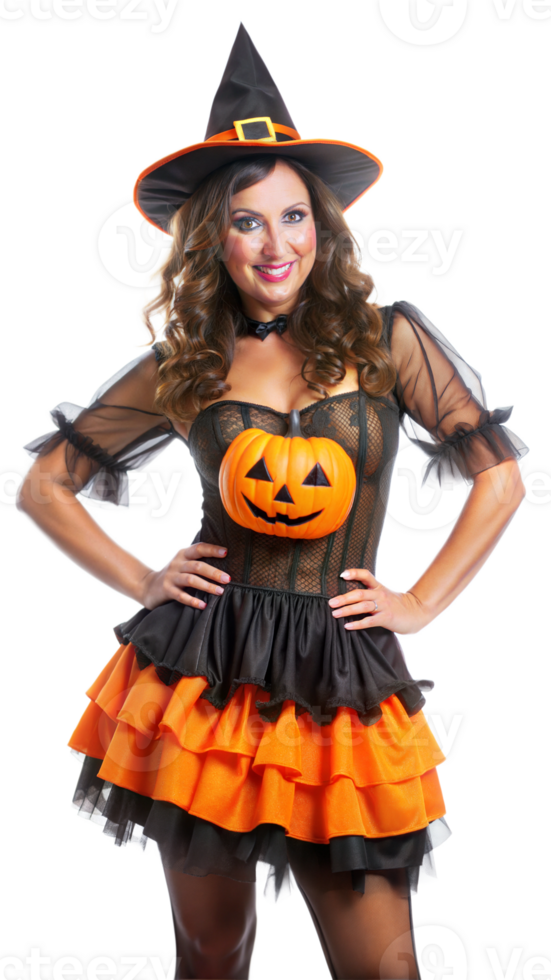 Woman in Pumpkin Witch Costume Posing for Halloween Isolated png