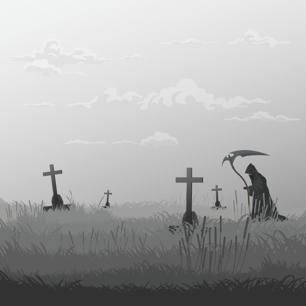 Angel of Death in graveyard in foggy day monochromatic minimalism landscape graphic illustration have blank space. vector
