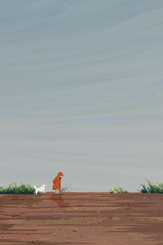 Minimalism landscape side view of muddy area after the rain have a kid wearing raincoat playing with puppy graphic illustration have blank space vector