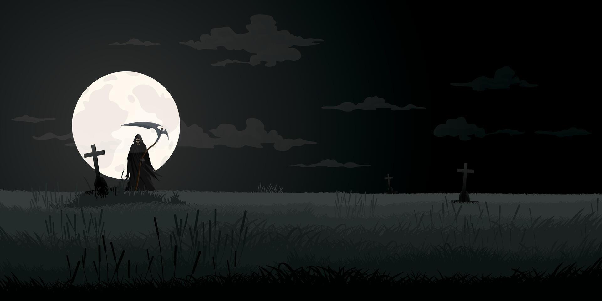 Night at graveyard with Angel of Death have full moon background monochromatic minimalism landscape graphic illustration have blank space. vector