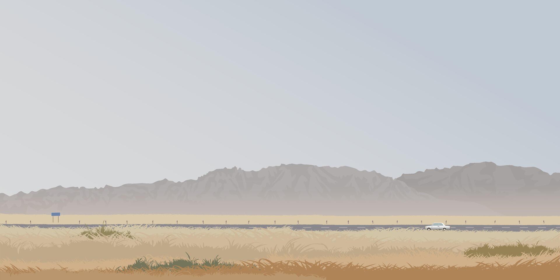 Car on local road through the field and mountain ranges in autumn season flat design graphic illustrated have blank space. Minimalism countryside landscape transportation concept. vector