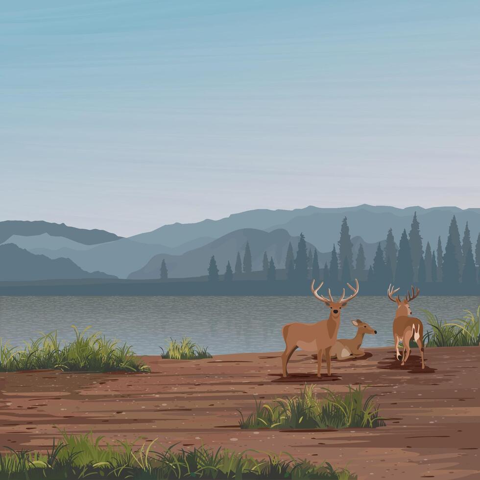 Minimalism landscape of muddy area with deer pack, lake, pine forest and mountain ranges graphic illustration have blank space at blue sky. vector