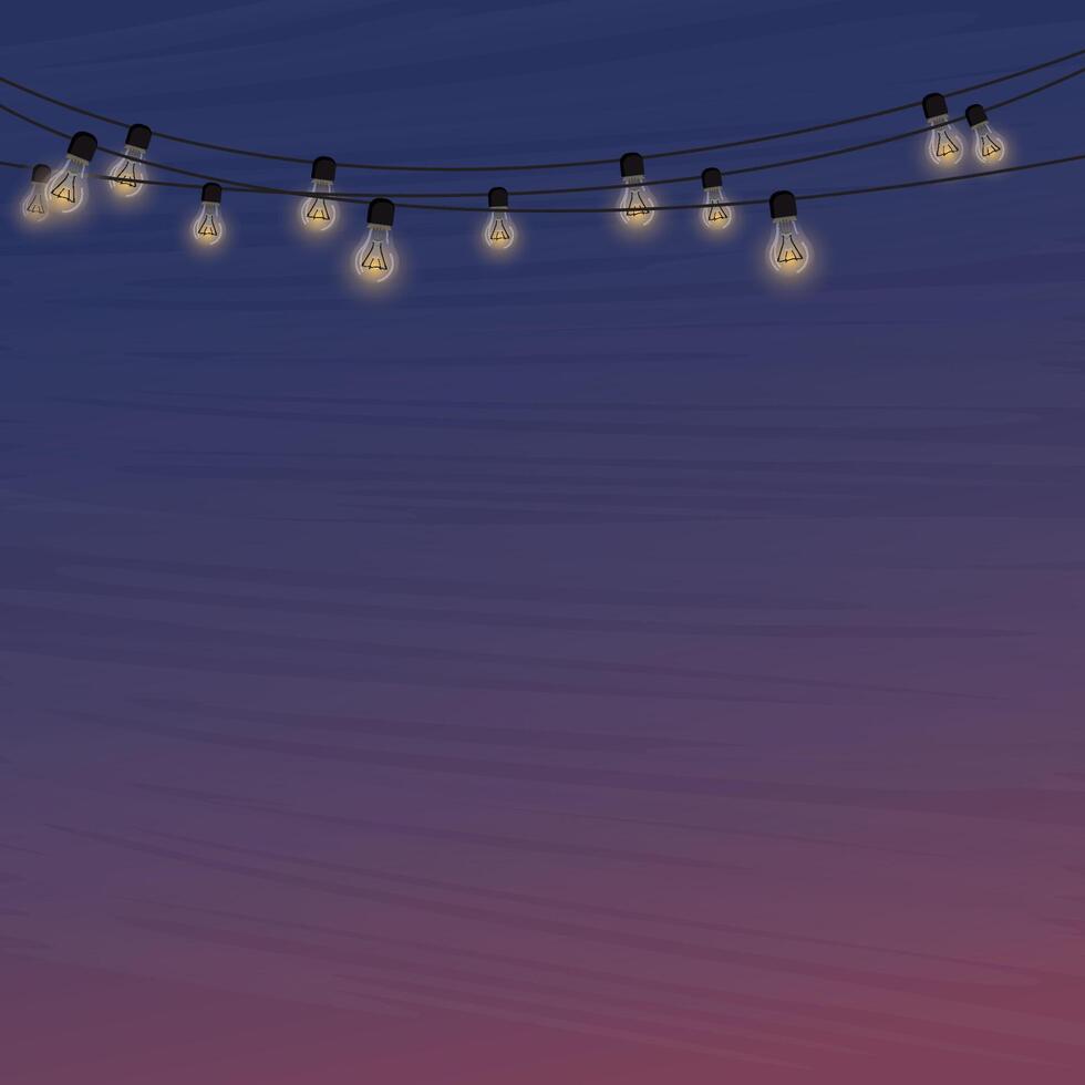 Decorative light bulbs hanging graphic illustration with twilight sky background have blank space. Decorative lights for party invitation card template. Sparkly festive lights on a cable decoration. vector