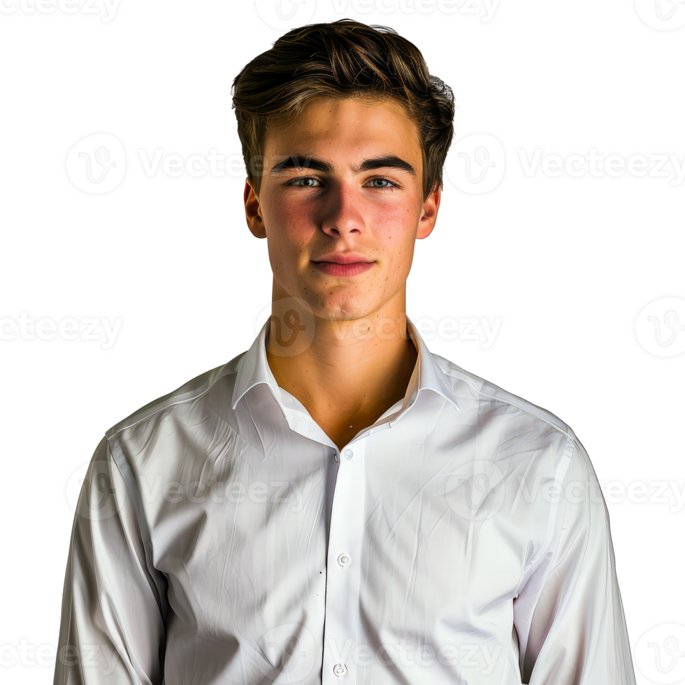 Young confident man in white shirt looking straight into camera, studio shot, cut out transparent png