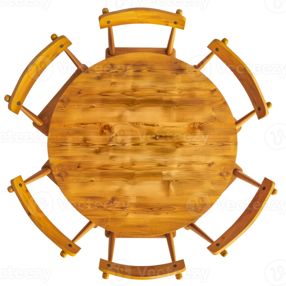 Rustic Wooden Round Table with Six Chairs Top View, Perfect for Dining or Meeting Rooms cut out transparent png