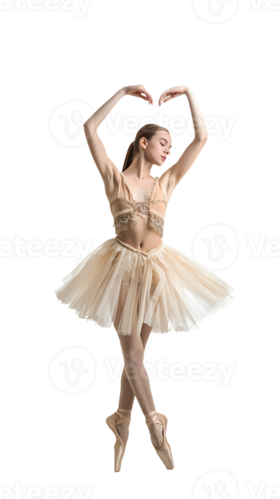 Graceful ballerina in beige tutu performing ballet pose, transparent background png