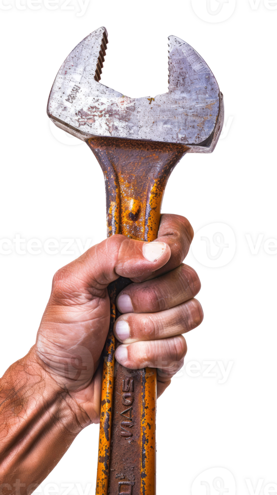 Rusty wrench held in hand, symbol of hard work png