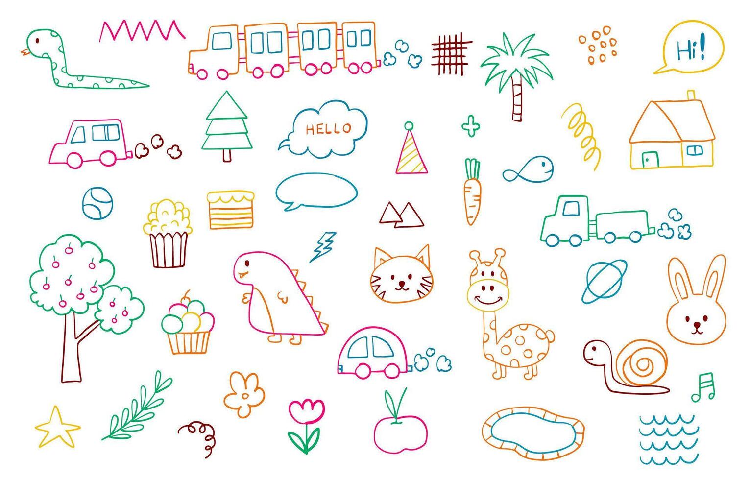 cute scribble element object with train,snake,popcorn,truck,palm tree,dinosaur vector