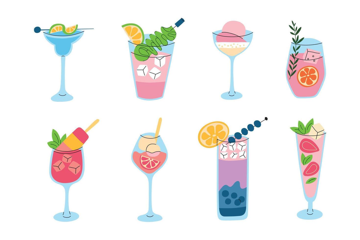illustration set, a collection of colorful summer drinks, ice cream cocktails and popsicle mocktails. Flat, cartoon-style design with refreshing beverages in glassware with vibrant garnishes vector