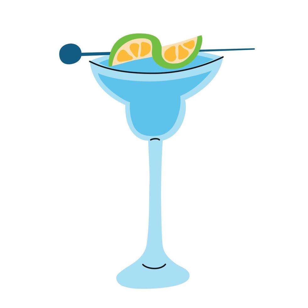 Colorful illustration of a refreshing lime gimlet cocktail with lime slice on a skewer in a glass. Alcohol drink shot for parties and celebrations. Summer beverage in flat cartoon style vector