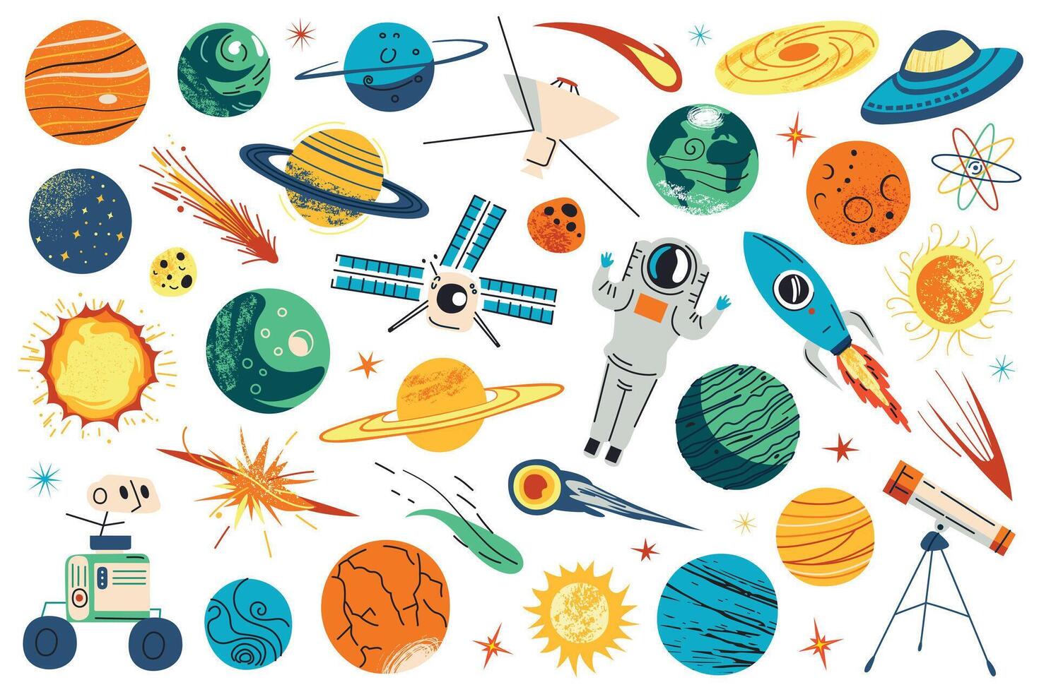 Space illustrations set, collection of cosmic objects, planets, stars. Solar system doodle icons, galaxies, asteroids, and comets. Space exploration concept. Astronomy and space science themes vector