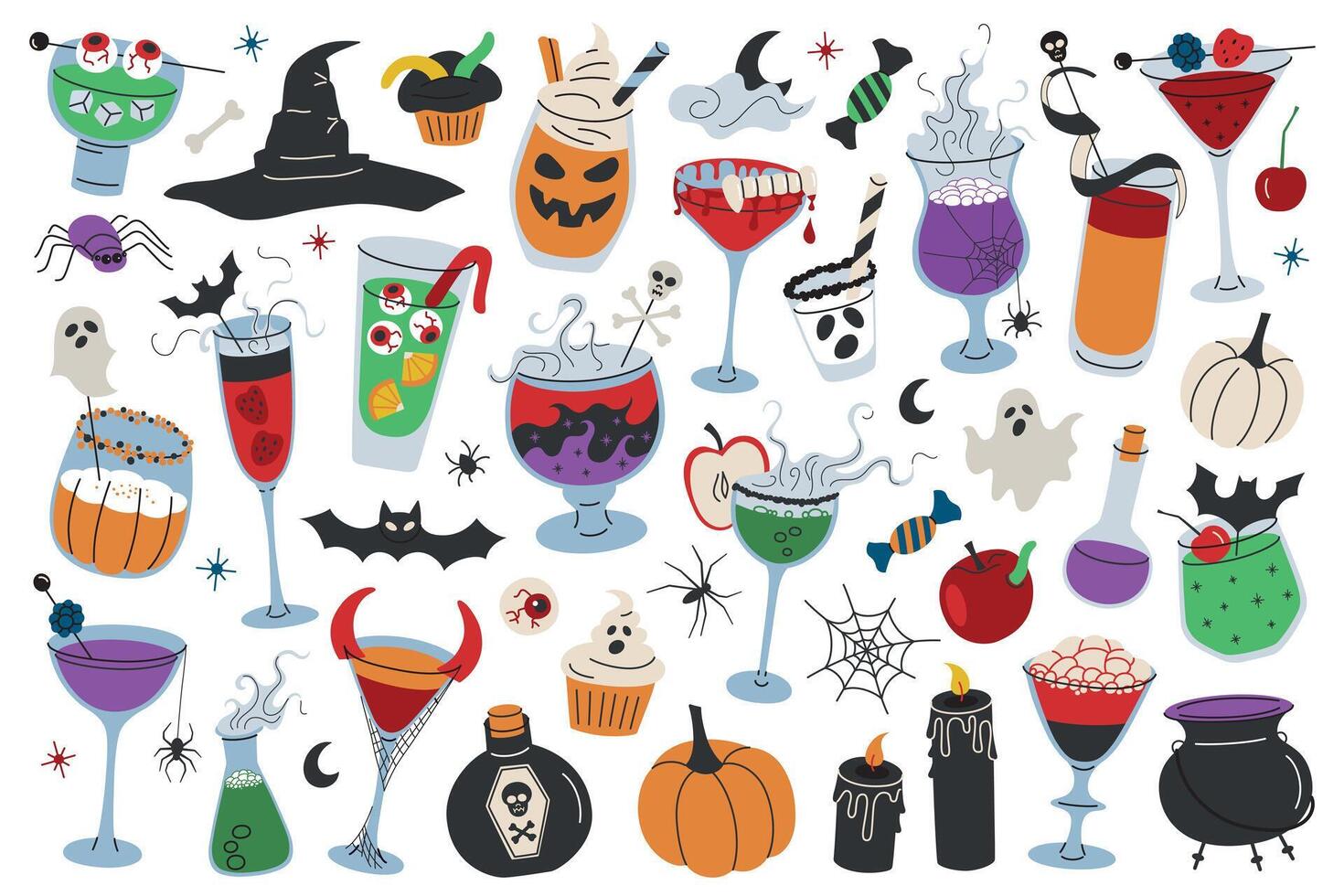 Halloween drinks collection, party cocktails doodles
