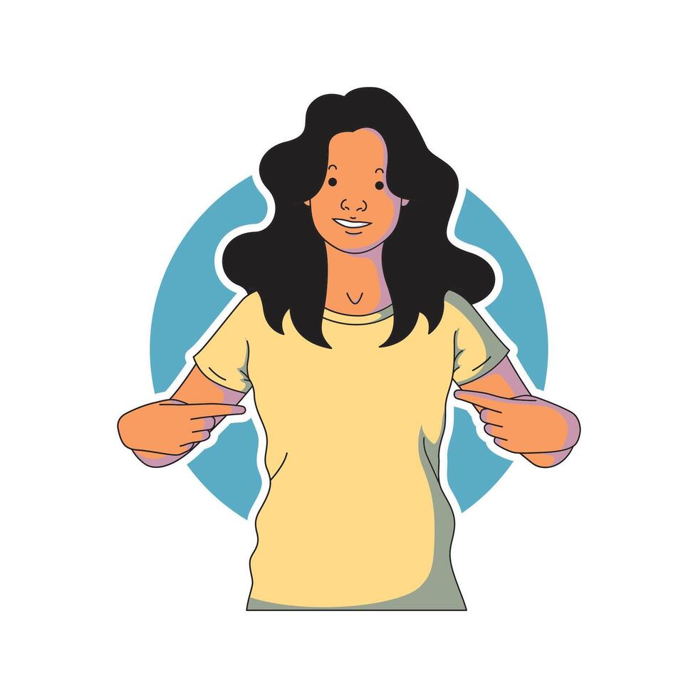 a woman is pointing at herself with both forefingers vector